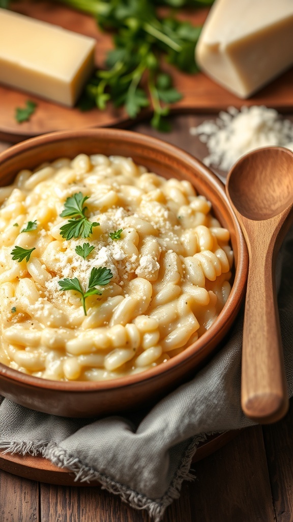 A bowl of creamy Parmesan risotto garnished with parsley, served with a wooden spoon in a cozy kitchen.